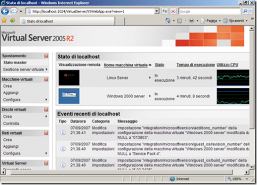 schermata iniziale di microsoft virtual server 2005